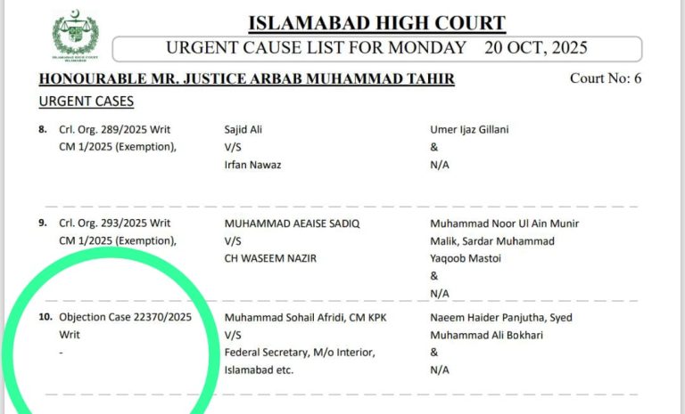 ‏عمران خان سے ملاقات کے لیے وزیر اعلیٰ سہیل آفریدی کی اسلام آباد ہائیکورٹ میں دائر درخواست سماعت کے لیے مقرر