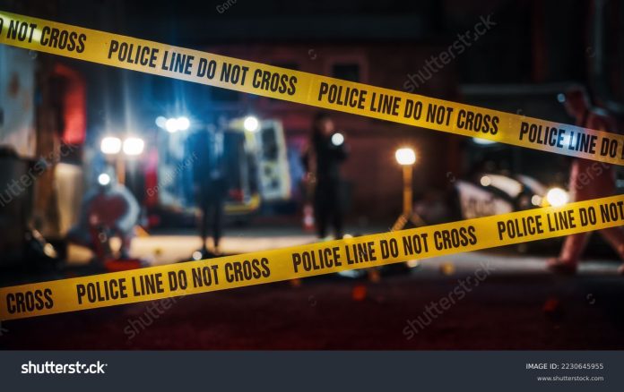 Stock Photo Crime Scene At Night Crime Scene Investigation Team Working On A Murder Female Police Officer 2230645955
