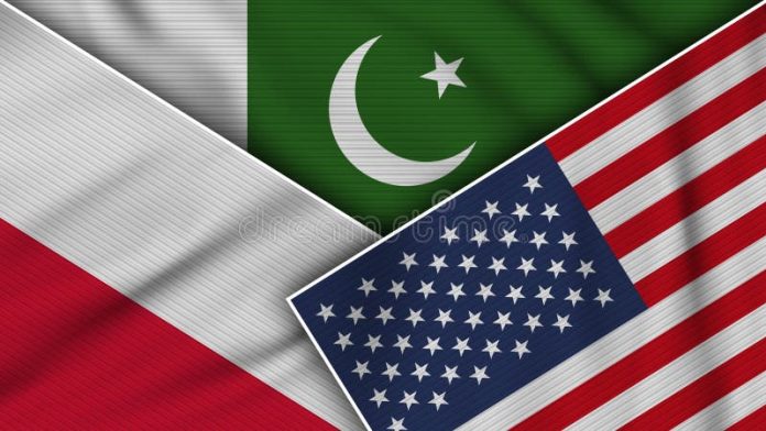 Pakistan United States America Poland Flags Together Fabric Texture Illustration Pakistan United States America Poland Flags 225957546