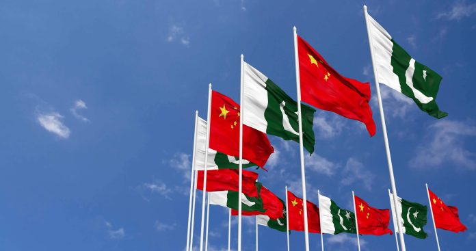 Pakistan And China Flags Waving Together In The Sky Seamless Loop In Wind Space On Left Side For Design Or Information 3d Rendering Free Video