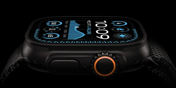 Black Apple Watch Ultra with matching Milanese Loop on display