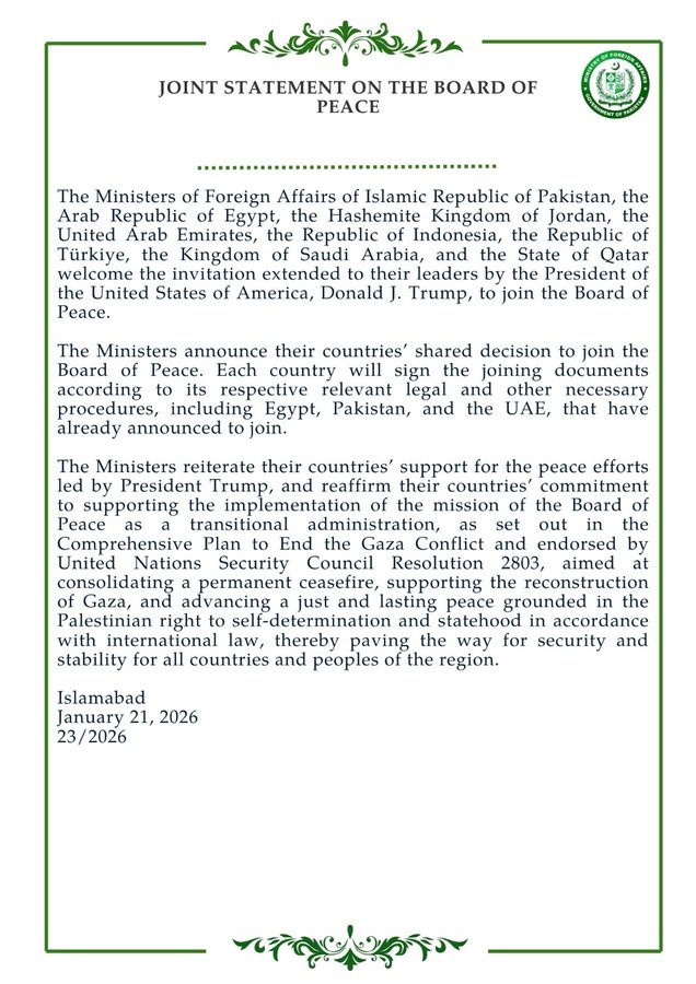 Pakistan, Seven Muslim Countries Accept US Invitation to Board of Peace