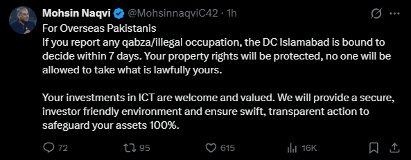 “Mohsin Naqvi Issues 7-Day Ultimatum for Qabza Cases Involving Overseas Pakistanis” TWEET