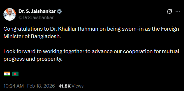 India’s External Affairs Minister Subrahmanyam Jaishankar extended congratulations to his new counterpart